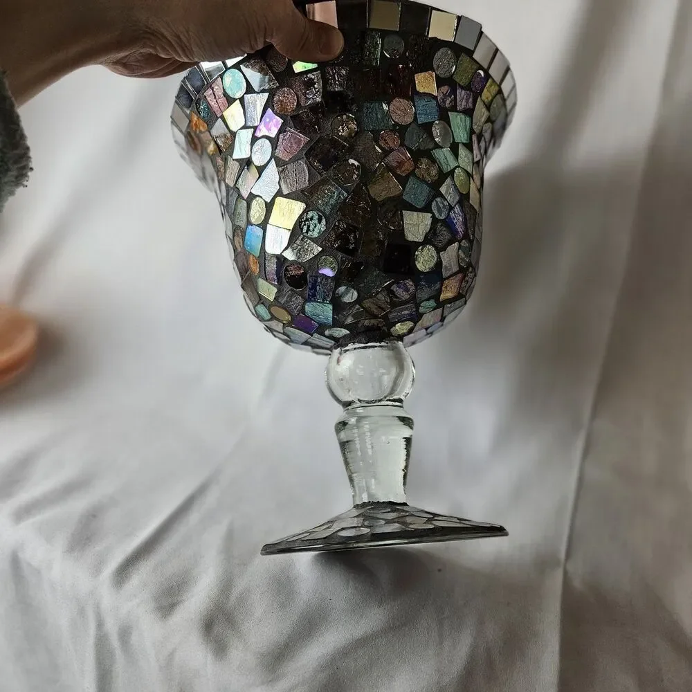 VTG LG. STAINED GLASS HURRICANE/SNIFTER MOSAIC CANDLE HLDR./Vase